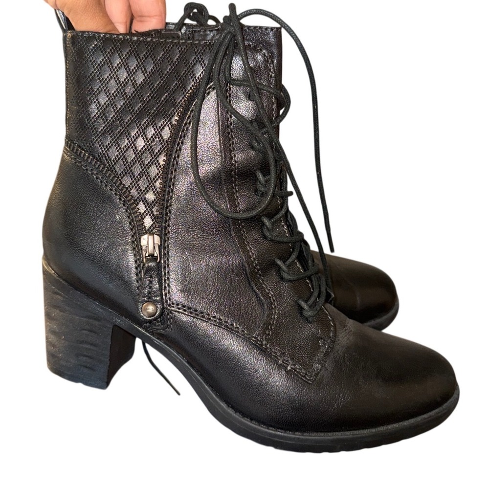 Earth Missoula Black Leather Lace Up Side Zip Ankle Boots Womens 10B Block Heel